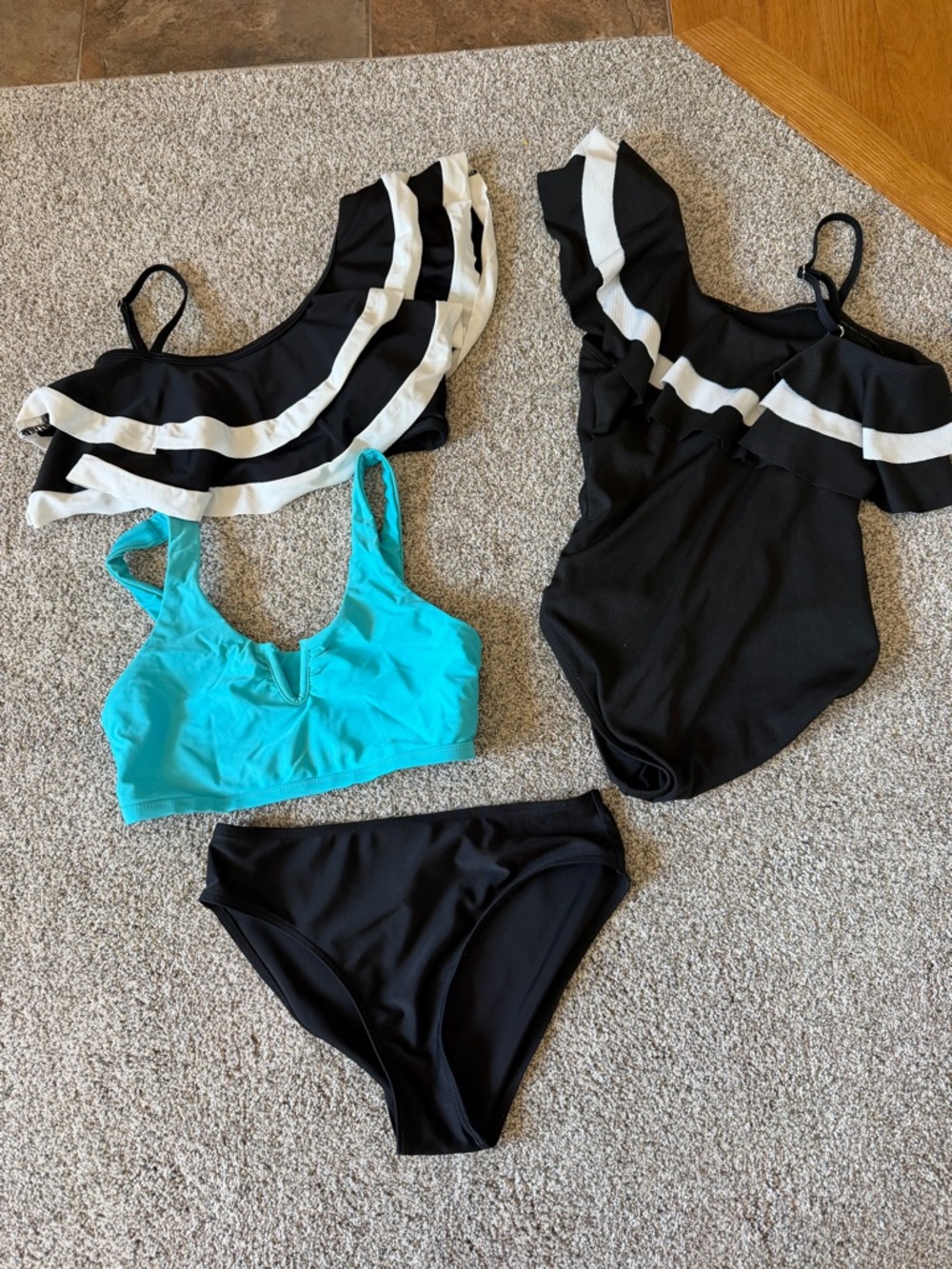Black & White Ruffle One-Piece and 3 Pc Bikini Set Girls 11-13 years